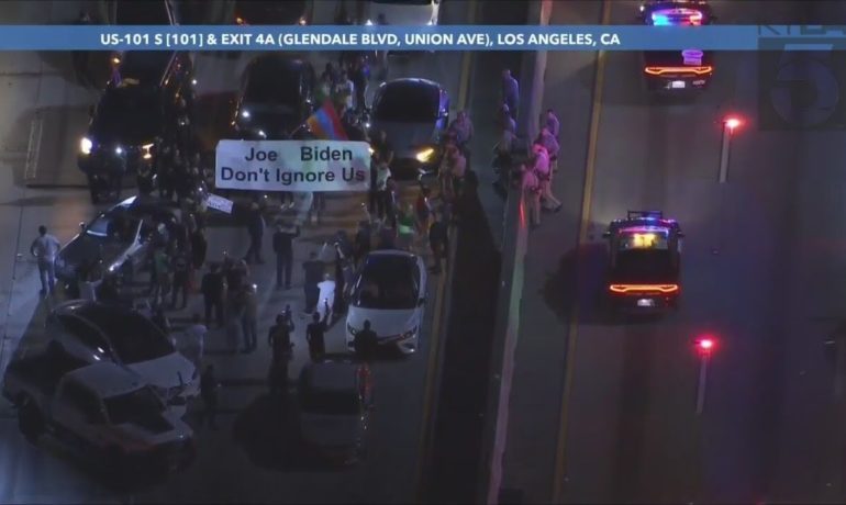 Denonstrators shut down the 101 Freeway in Los Angeles
